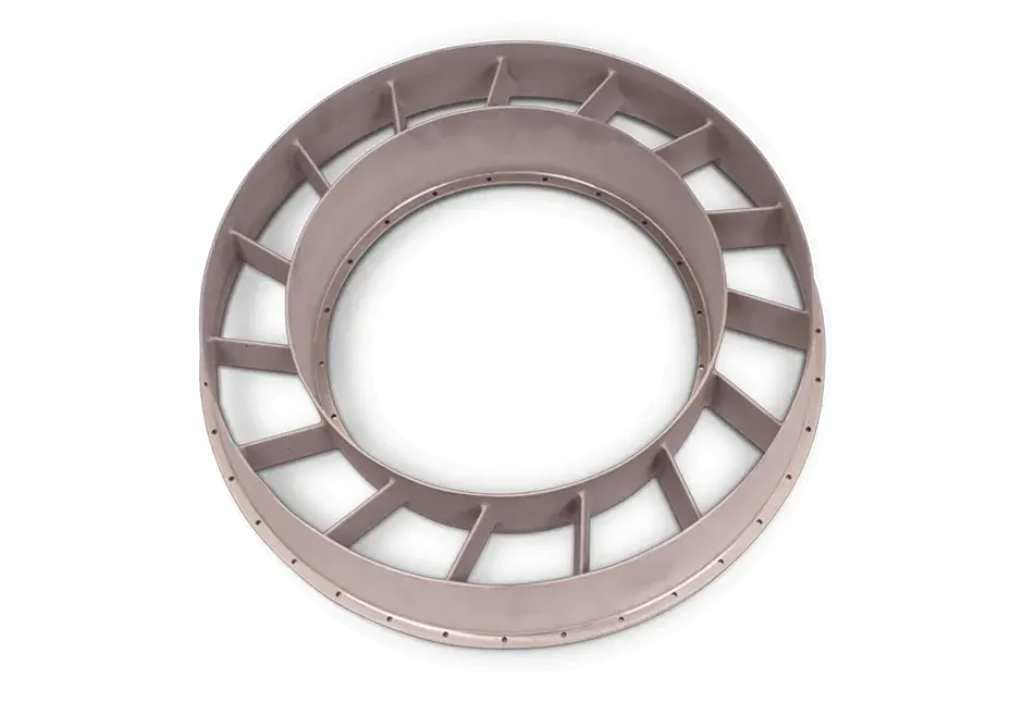 “采用 LaserForm®Ni718 (A) 材料，通过 DMP Factory 500 一体式生产的小型涡轮后叶片 (TRV)。”