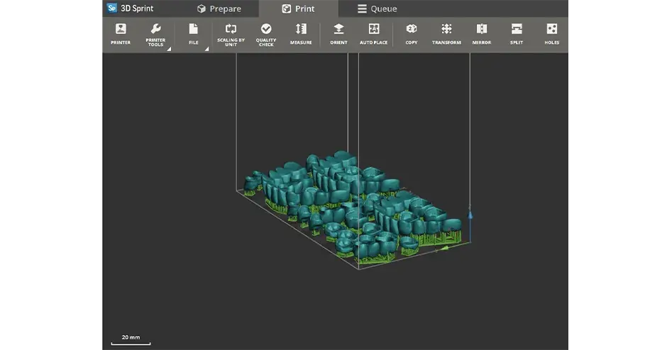 装满了牙科部件的 3D Sprint 打印托盘的屏幕截图