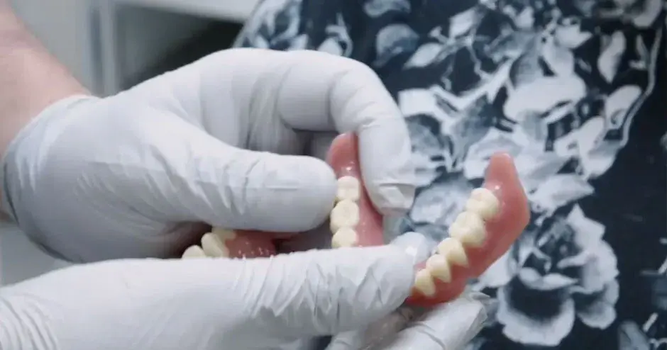 一名牙医正在将新义齿递给客户