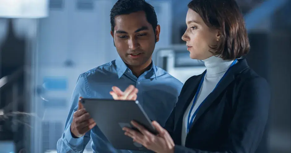 2 个人一边交谈，一边在平板电脑上工作