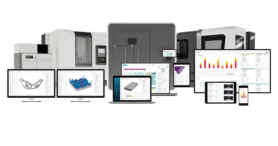 一排带有 Oqton 软件视图分类的台式机