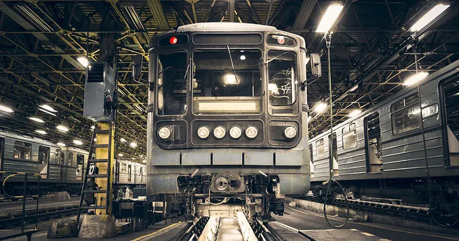 地铁列车停靠在轨道上进行维护