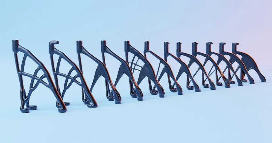 一排 3D 打印部件，显示不同的设计工程和定制打印