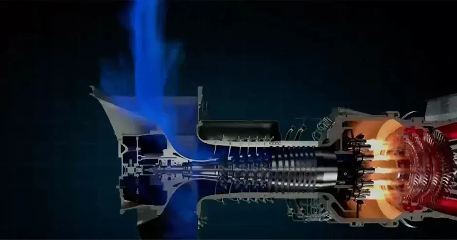 燃气轮机燃烧动画，包括压缩机和动力涡轮机