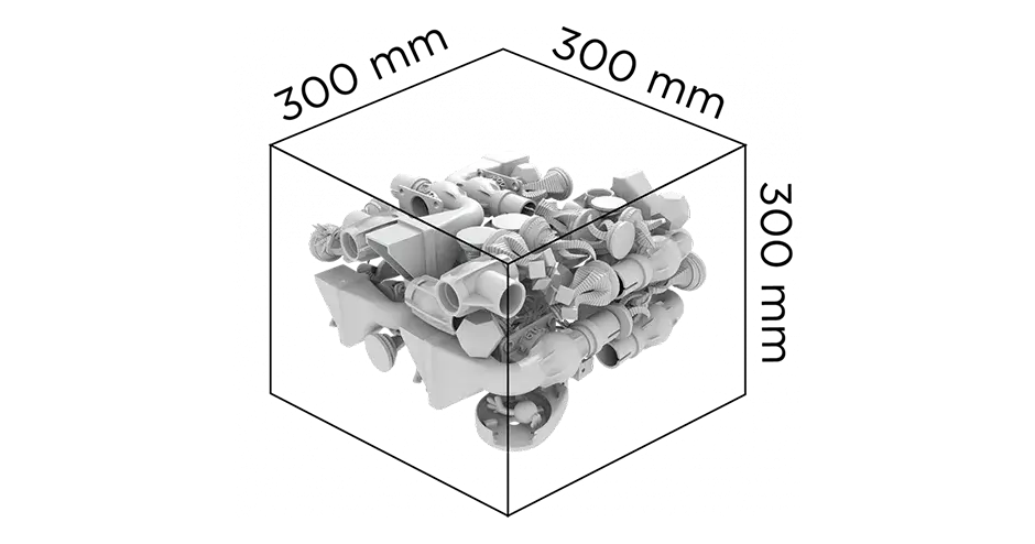 显示 SLS 300 打印机建模体积的图片